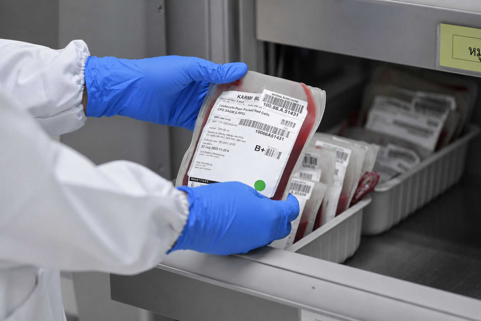 Personal de laboratorio revisando una bolsa de sangre etiquetada